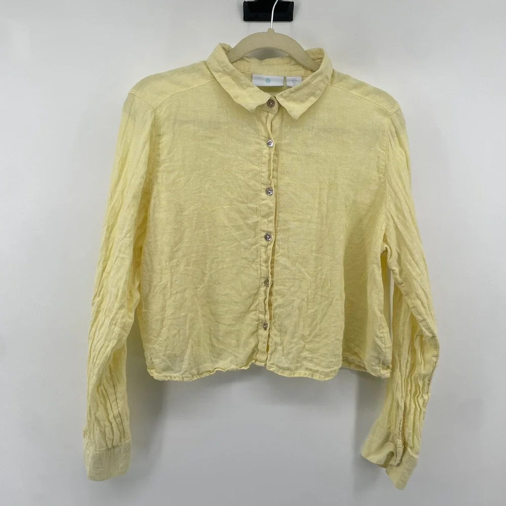 Cynthia‎ Rowley Linen Shirt Womens L Yellow Long Sleeve Cropped Button Down Top